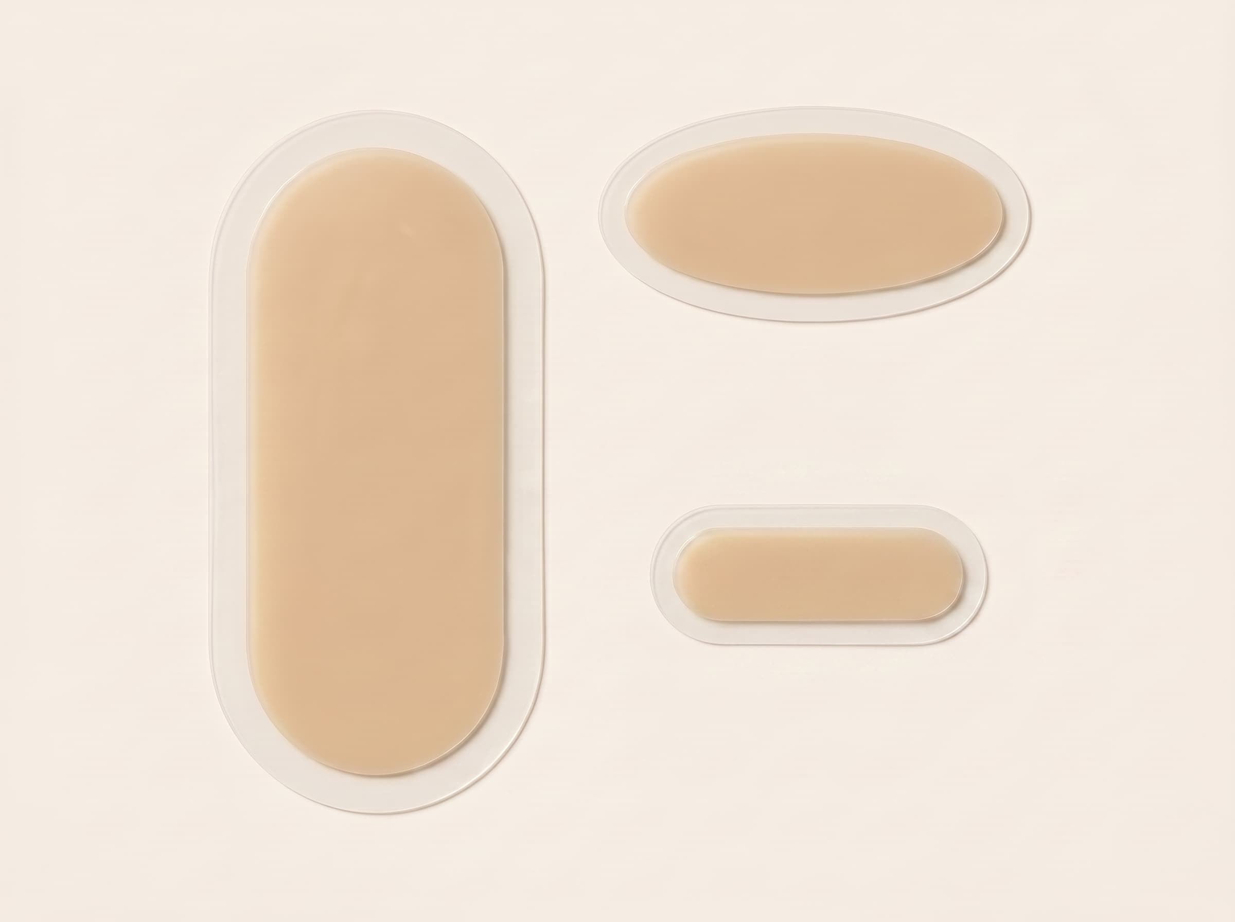 Three sizes of beige hydrocolloid blister patch — large capsule, oval, and small — laid flat on a cream background