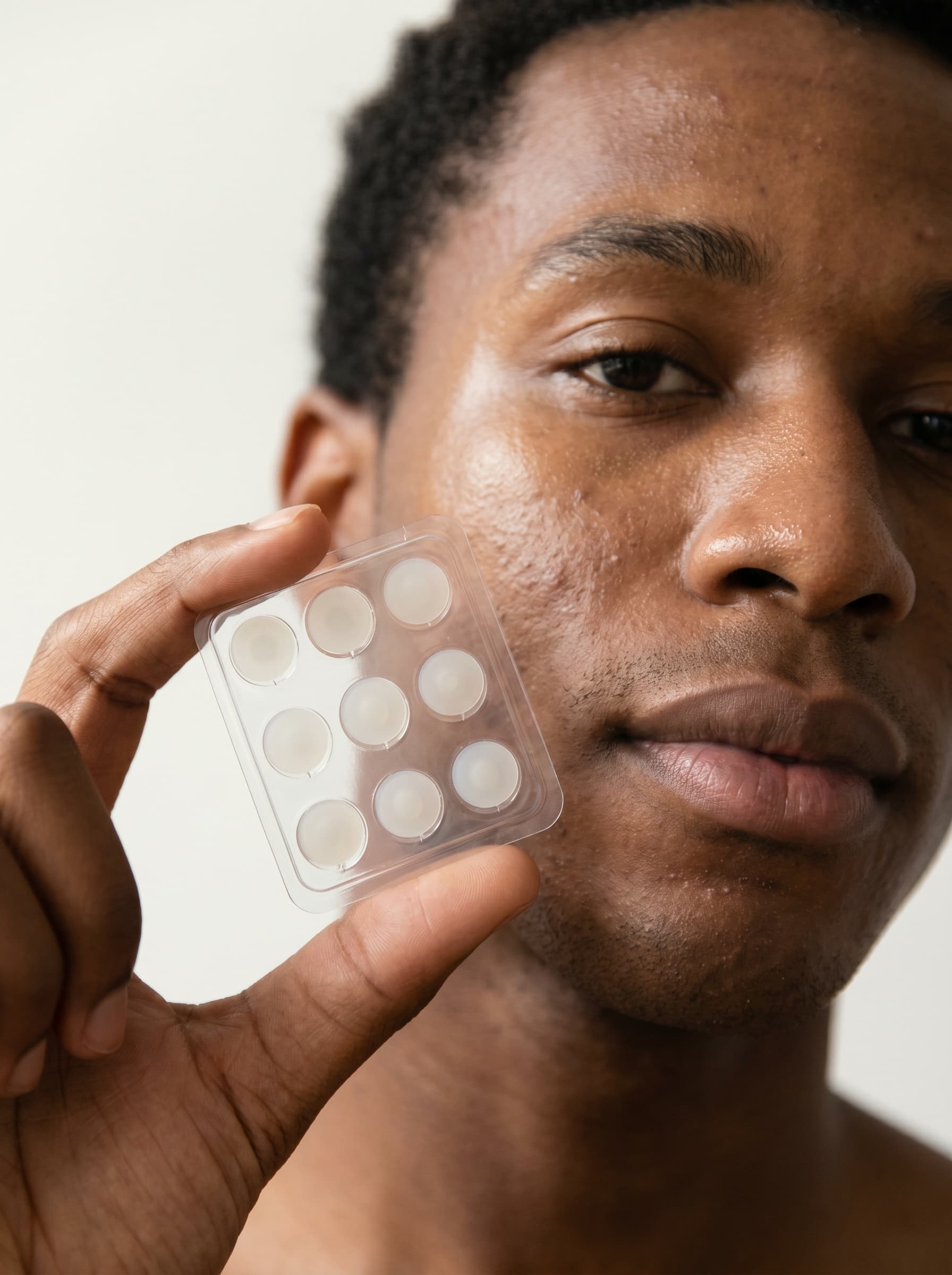 Man holding a tray of nine round MEND microneedle pimple patches beside his face