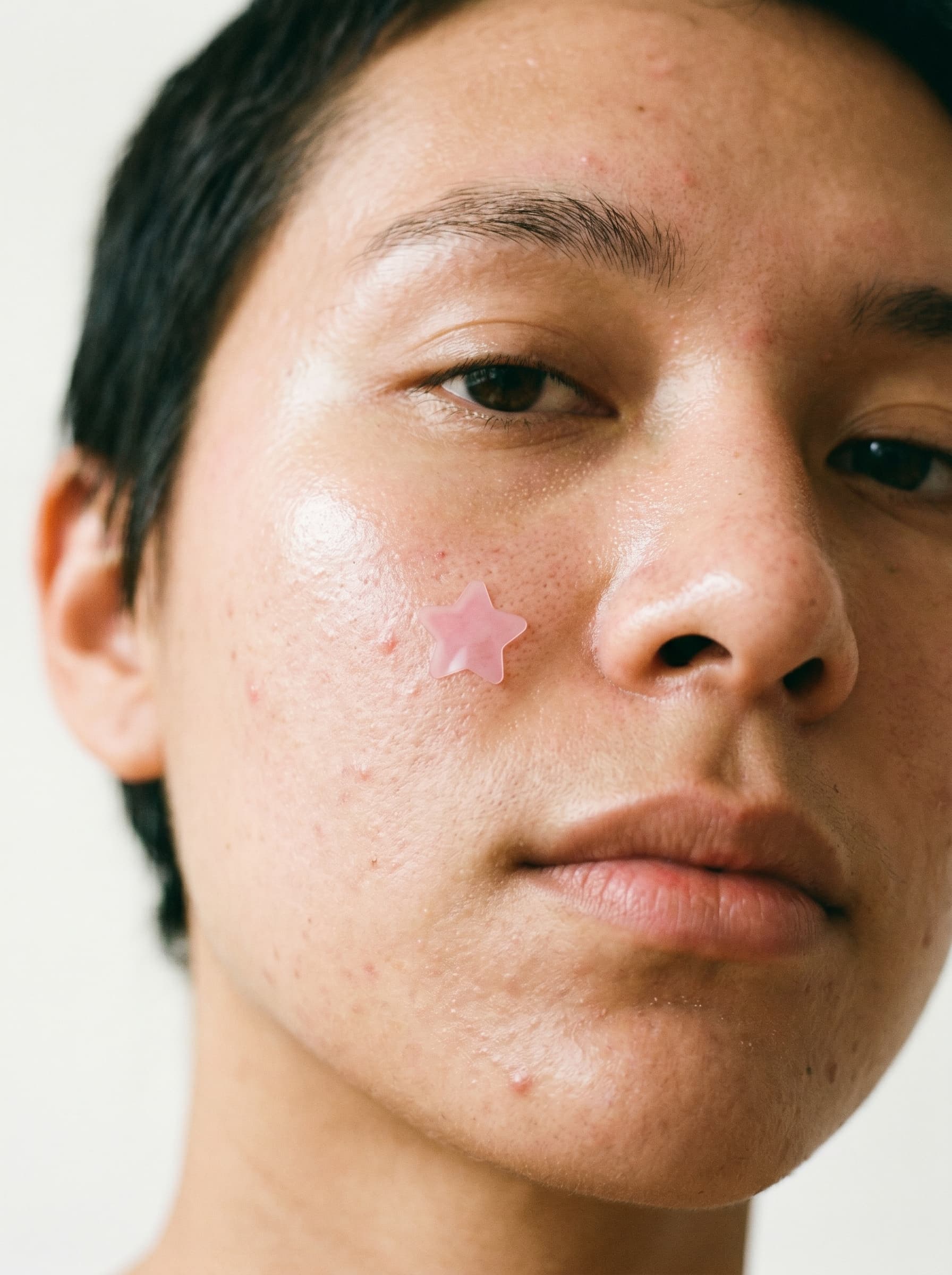 Person wearing a pink star-shaped MEND microneedle patch on their cheek