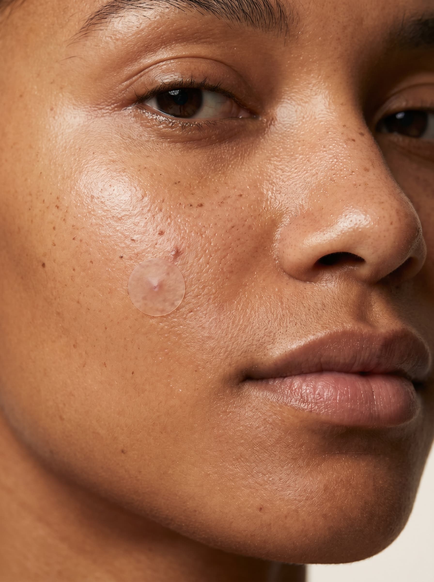 Close-up of a clear MEND hydrocolloid pimple patch worn on the cheek, blending into the skin